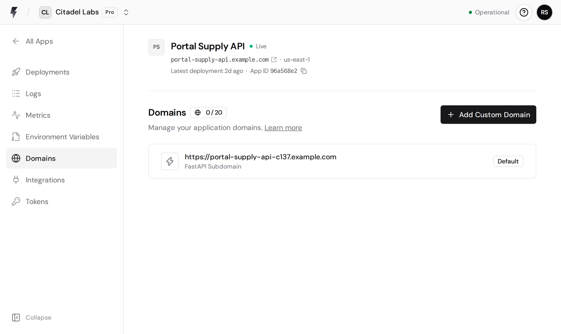 Domains page showing the default app domain and Add Custom Domain button