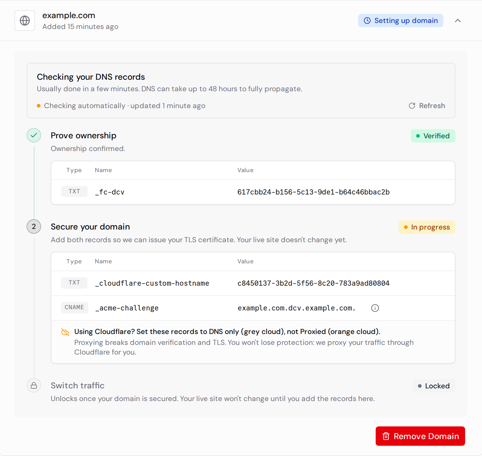 Zero Downtime Migration with ownership verified, certificate setup in progress, and traffic switching locked