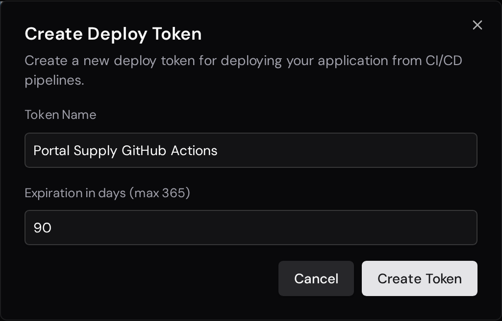 Create Deploy Token dialog with a token name, a 90-day expiration, and the Create Token button