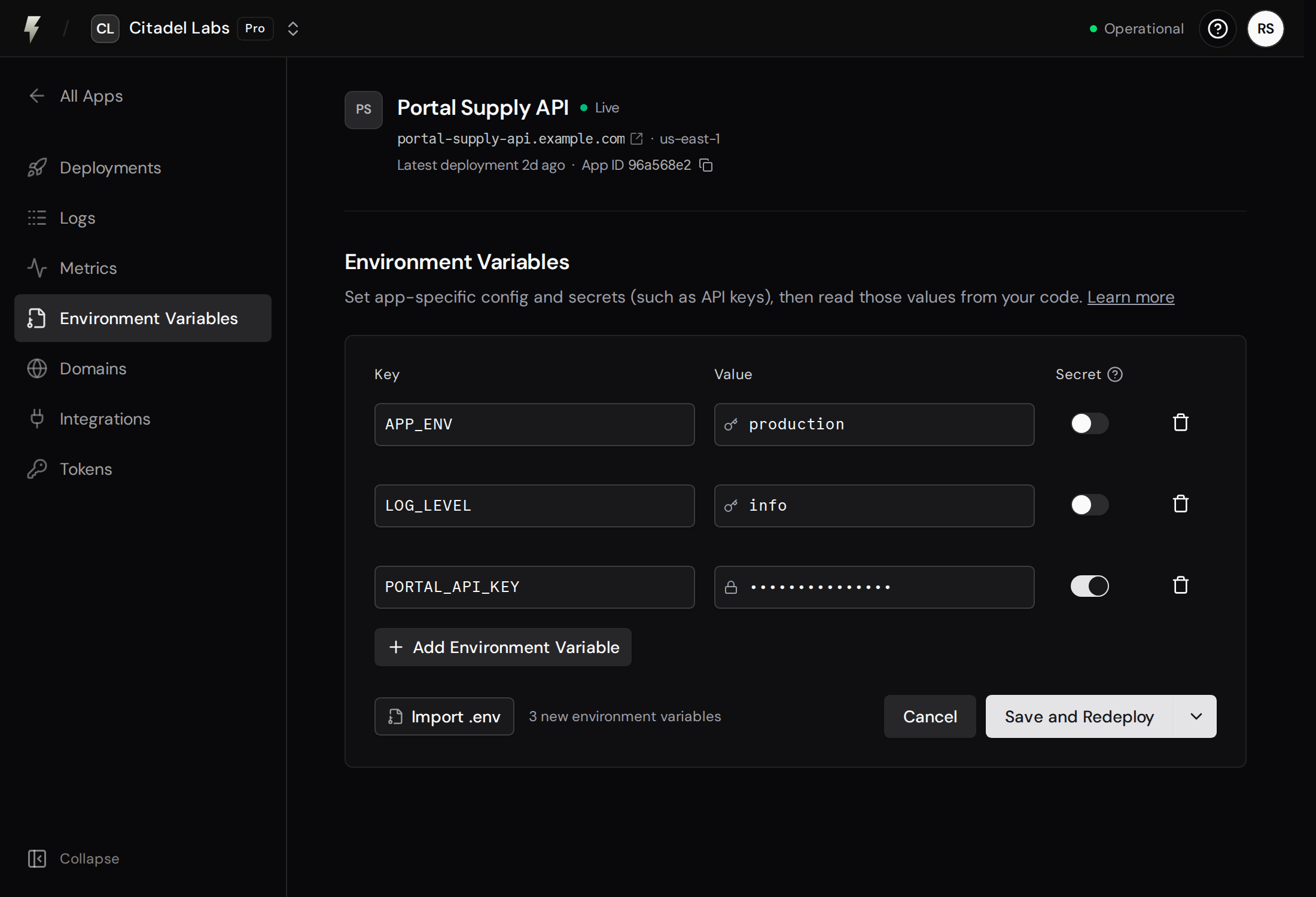 Environment variable form with regular values, a masked secret, and the Save and Redeploy button