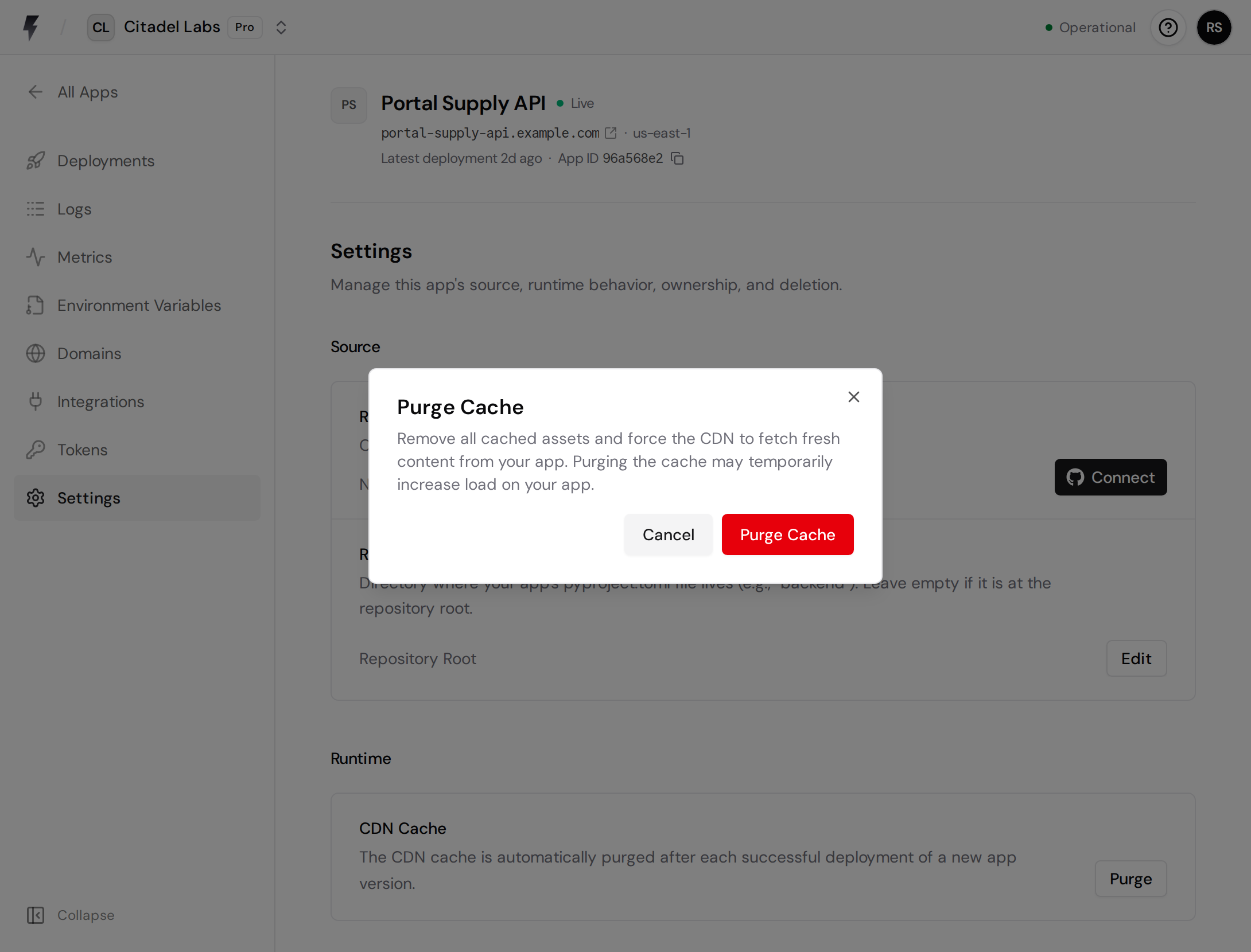 App settings with the Purge Cache confirmation dialog open above the CDN Cache controls
