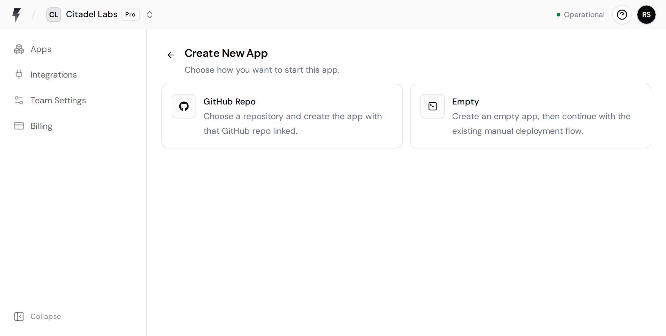 Create New App page with the GitHub Repo option.