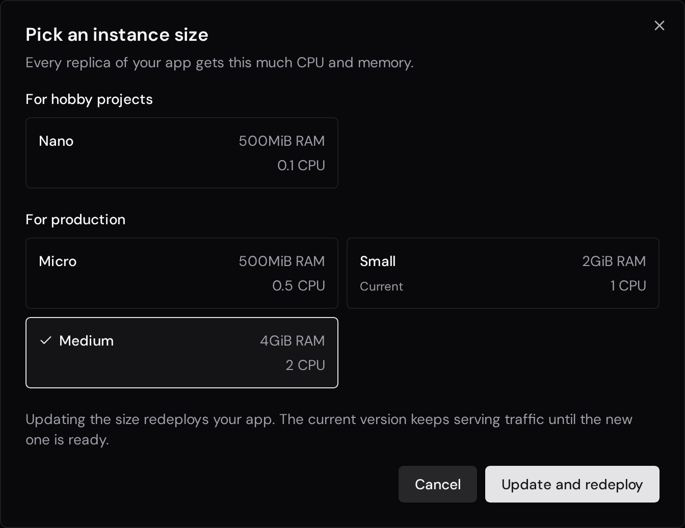 Instance size dialog with Small marked as current, Medium selected, and the Update and redeploy button