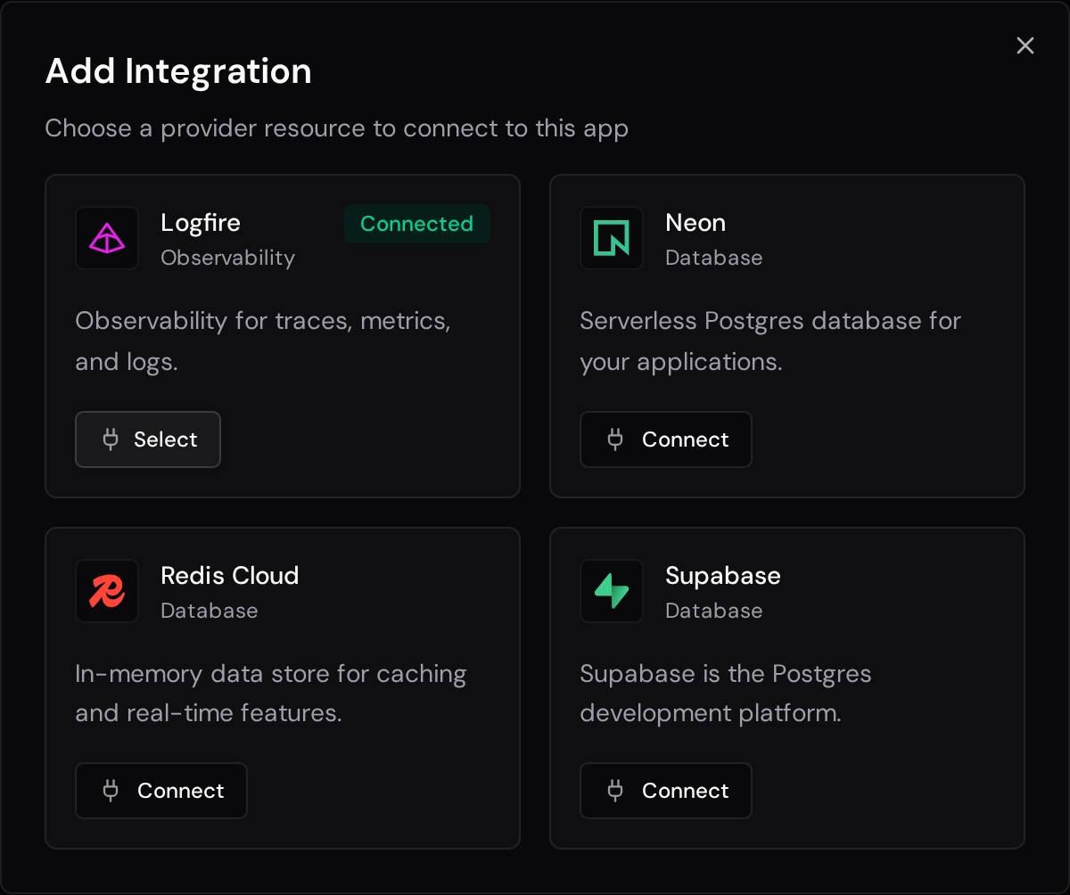 Add Integration dialog with the Logfire account connected and its Select button available.
