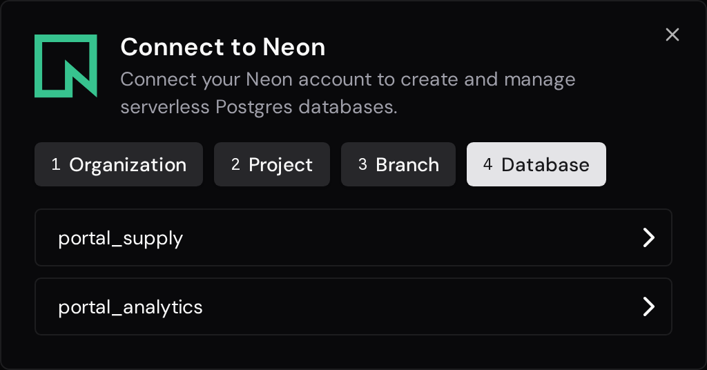 Neon database selection for the chosen branch.