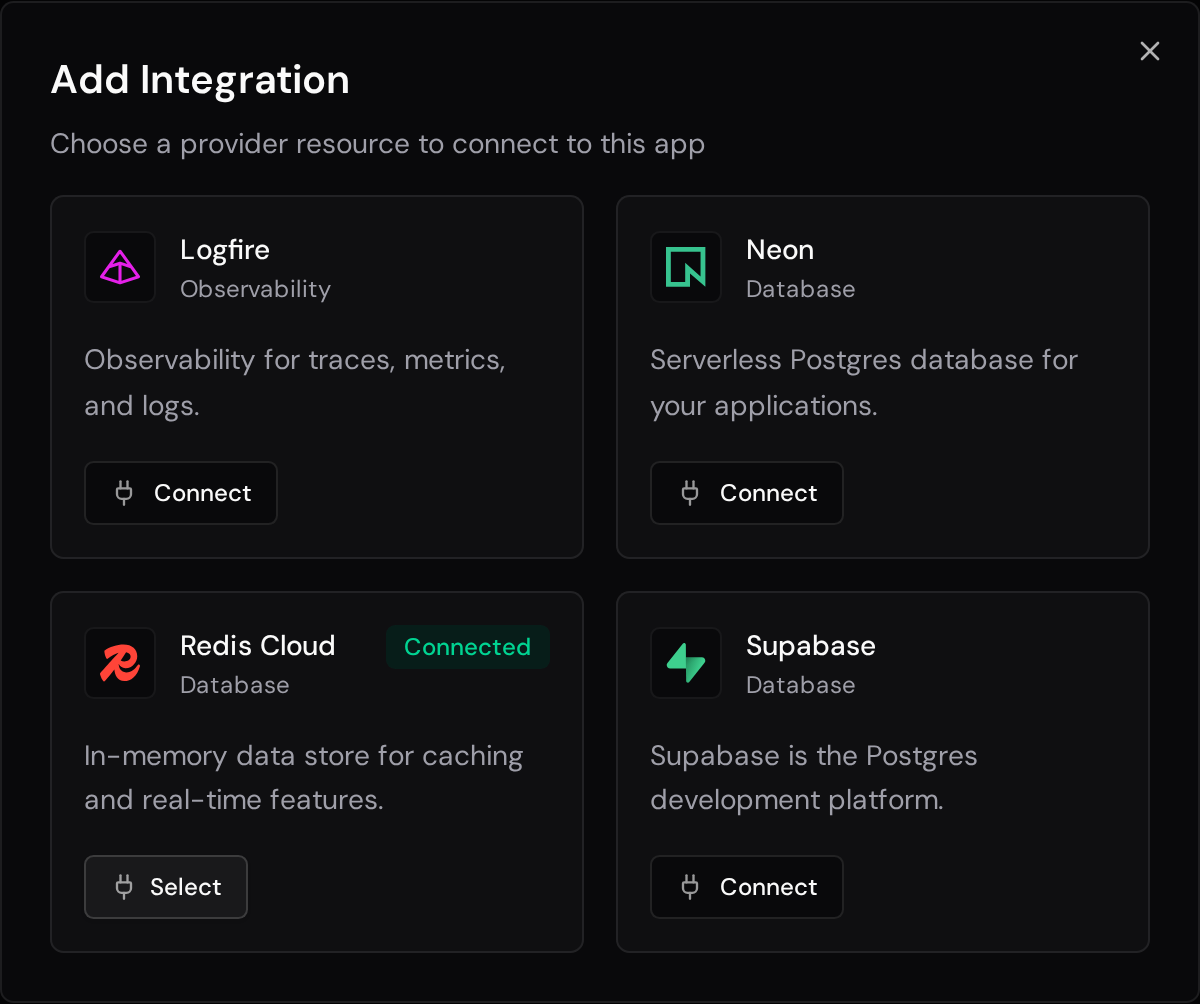 Add Integration dialog with the Redis Cloud account connected and its Select button available.