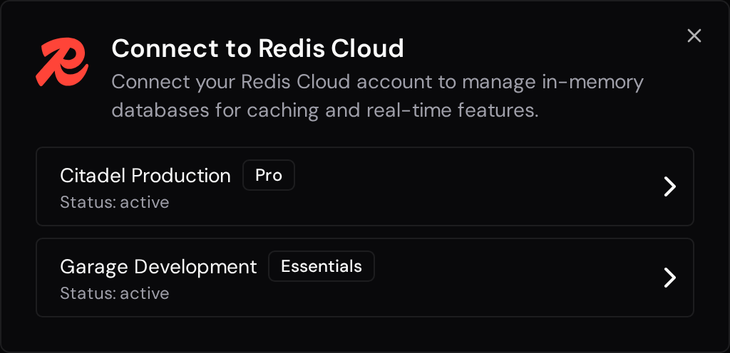 Redis Cloud subscription selection with two active subscriptions.