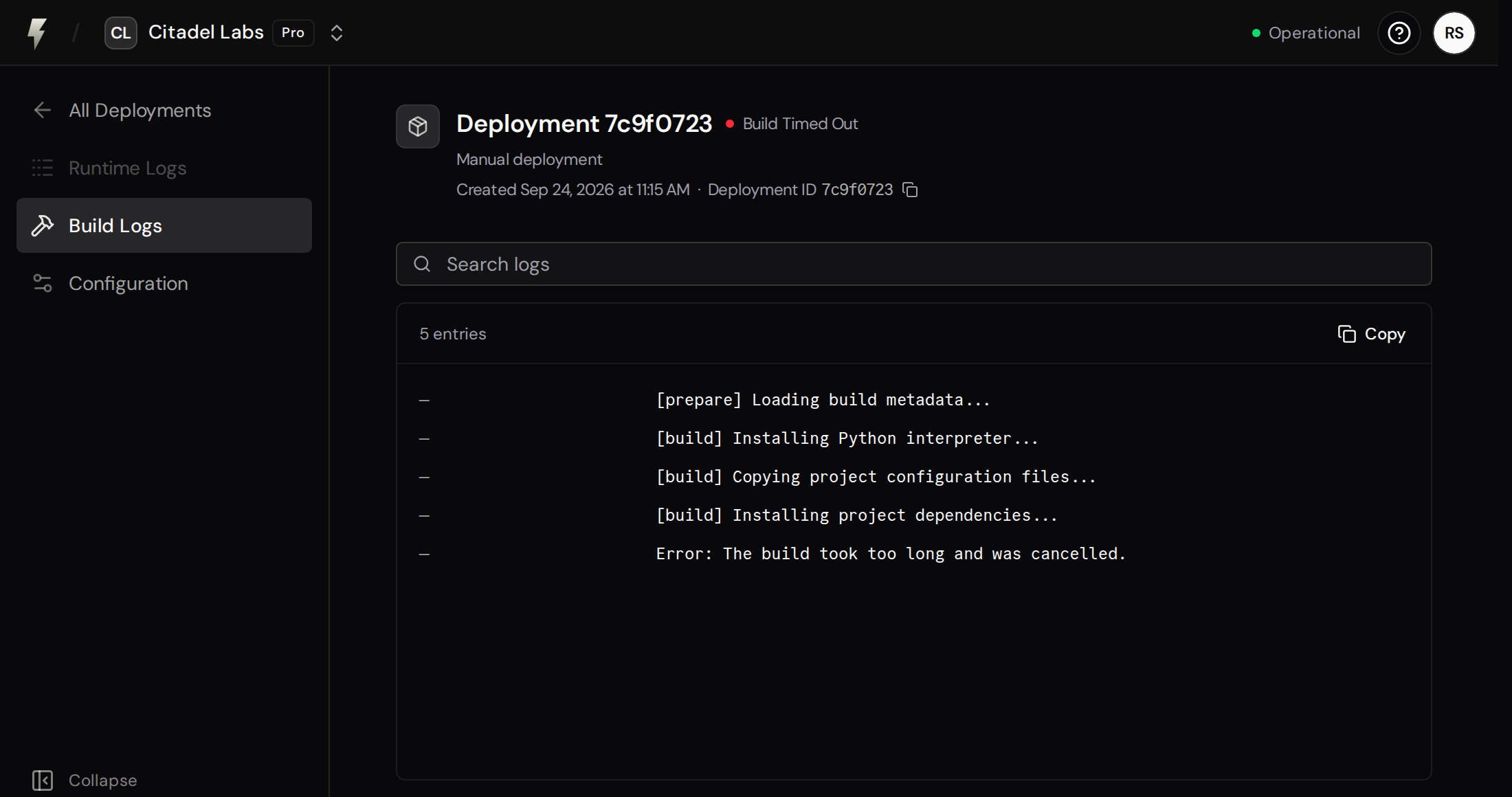 Deployment with Build Logs selected, a build timeout error, and Runtime Logs unavailable