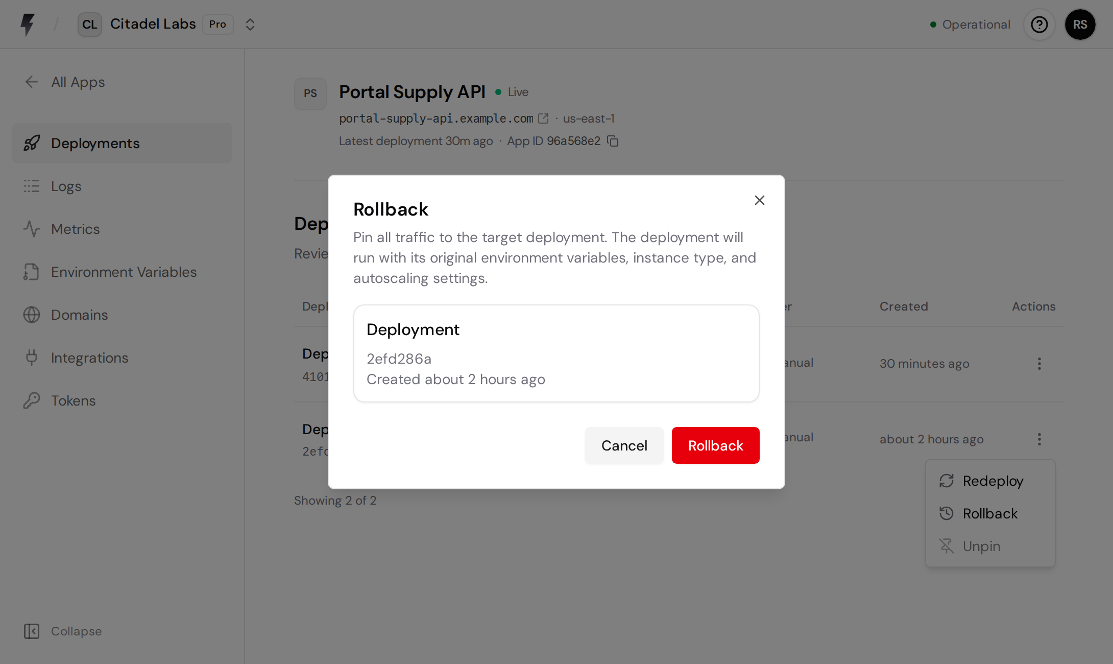 Rollback confirmation dialog showing the target deployment and explaining that its original configuration will be used