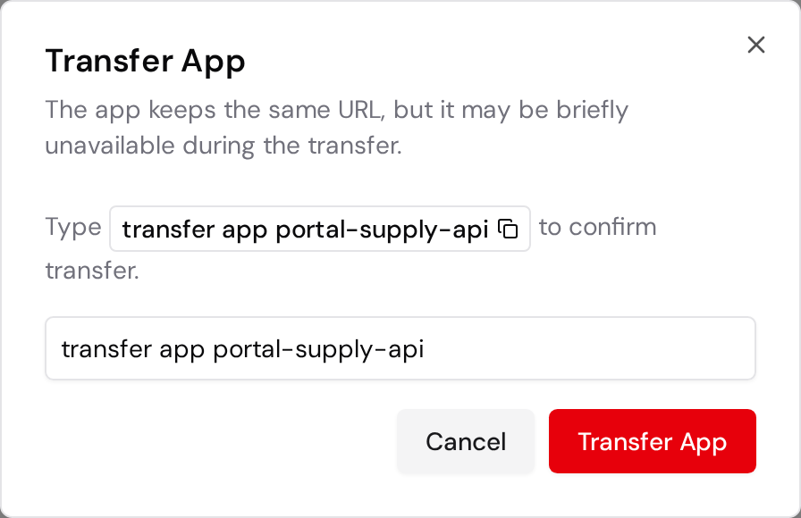 Transfer App confirmation dialog with the required confirmation text entered.